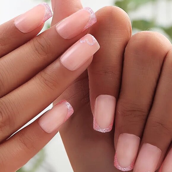 Nails Pink Glitter Heart Press On Style 24 Fake Glam Trendy Stylish Reusable - Picture 2 of 5